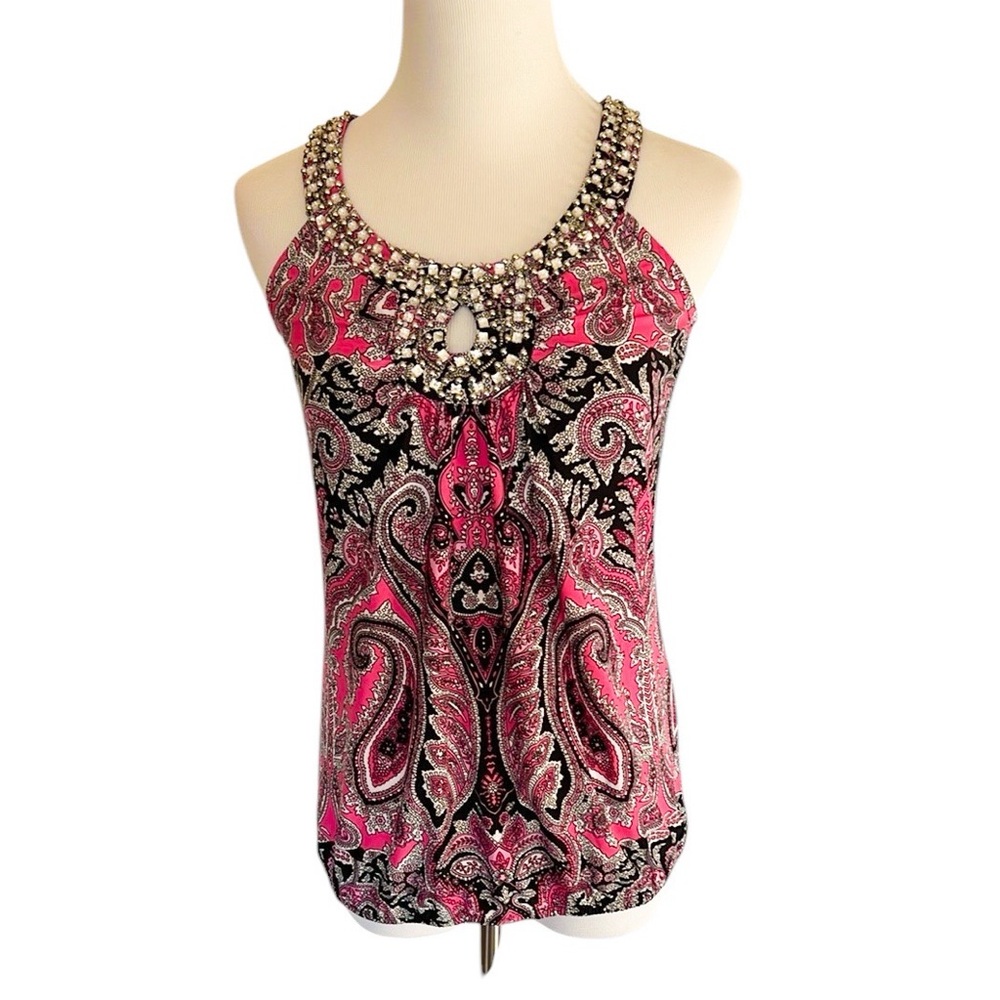 INC Embellished Pink and Black Paisley Women's Top
